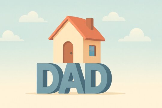 Minimalist illustration featuring a house standing on the word dad against a light blue sky with stylized clouds, symbolizing the father as the foundation of the family and celebrating father's day