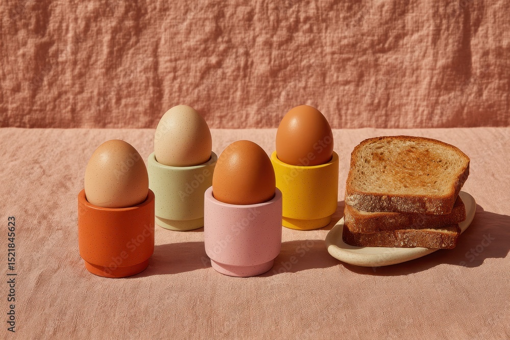 Poster a colorful composition of fresh eggs in egg cups and stack of toast on a table with pink linen, repr