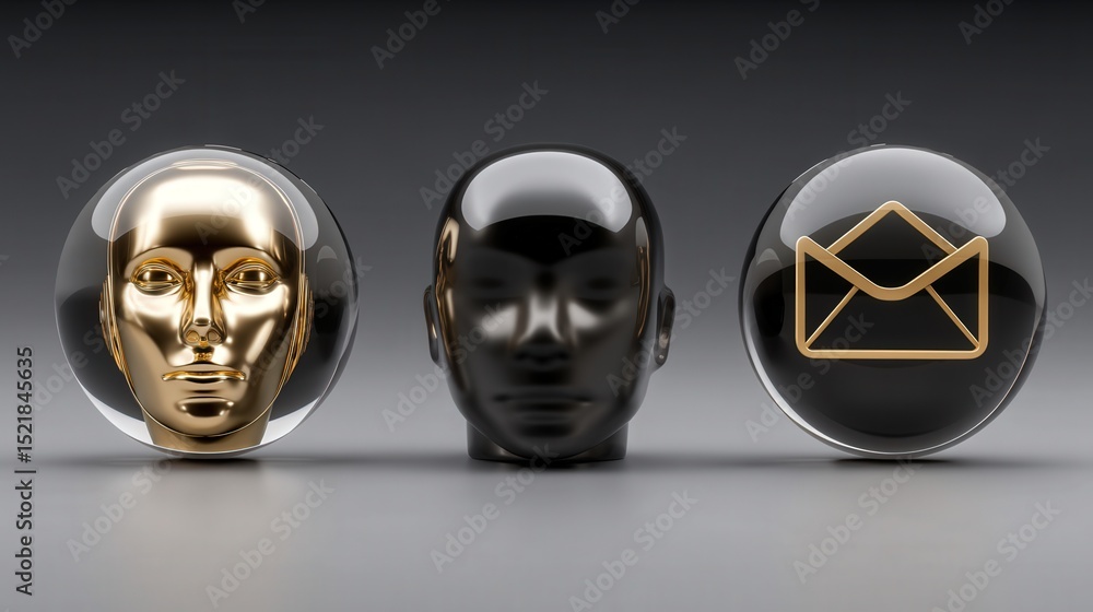 Poster abstract representation of ai technology with reflective orbs featuring futuristic human faces and c