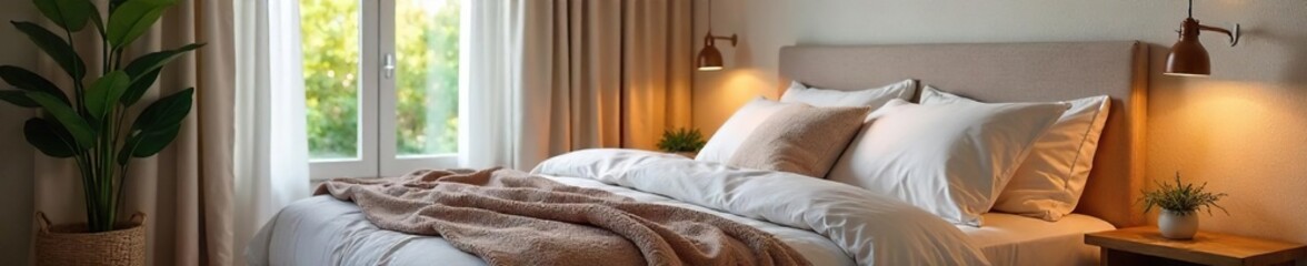 Serene bedroom sanctuary, promoting relaxation and healthy sleep Soft lighting, calming decor, and plush bedding create a peaceful atmosphere , cushions, greenery