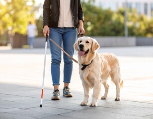 Blind woman walking confidently with smart cane and dog