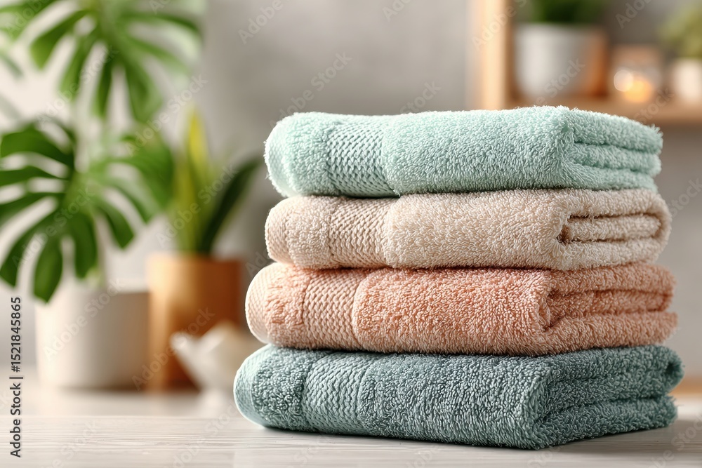 Poster a neatly stacked pile of soft, pastel-colored towels on a pristine white surface, creating a soothin