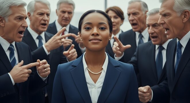 Poise Under Pressure: An empowered woman remains composed amidst a backdrop of aggressive figures, embodying resilience, and unwavering focus in a high-stakes environment.