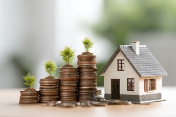 Conceptual image of rising real estate prices with a miniature house next to growing money stacks, symbolizing investment and financial success in the housing market.