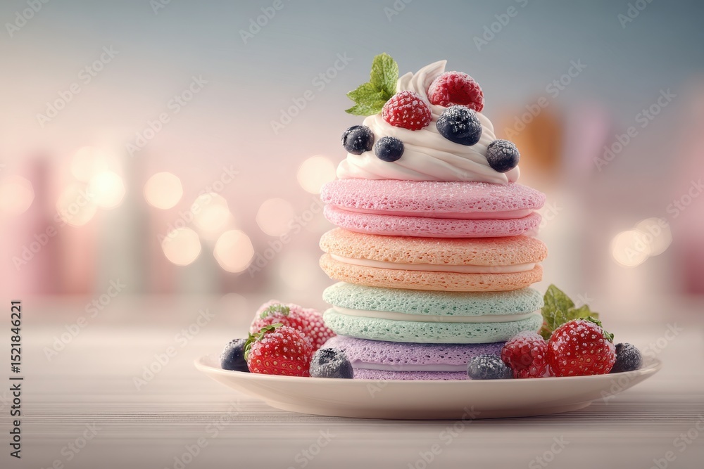 Poster a delightful stack of colorful meringue cookies topped with fresh berries and whipped cream, creatin