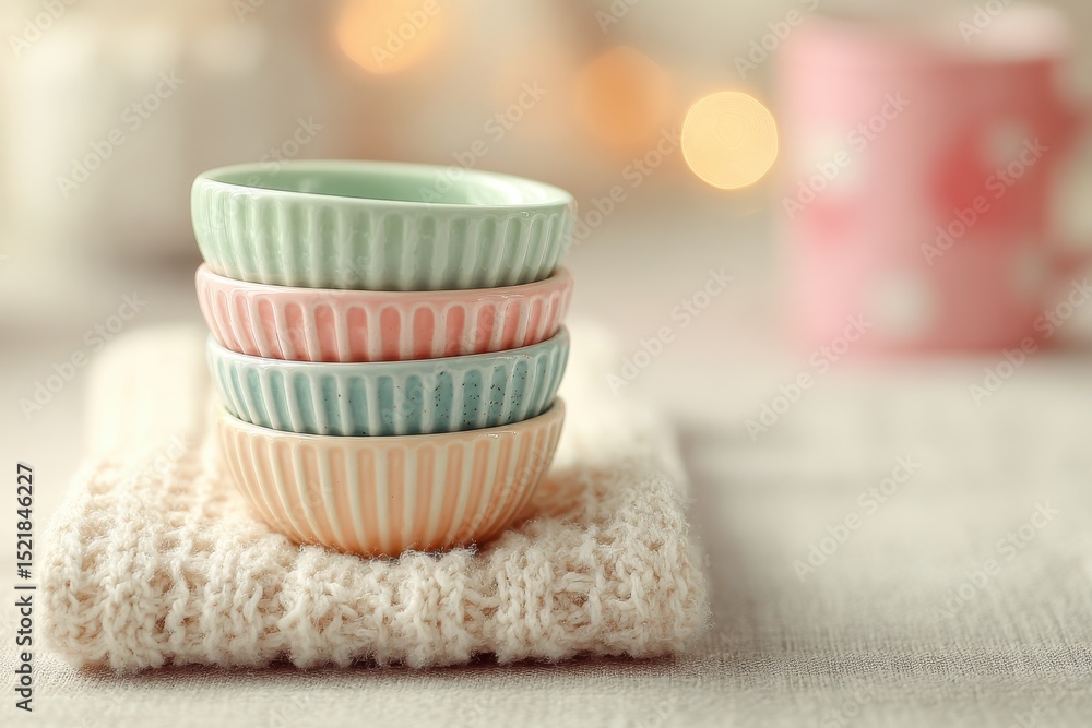 Poster a stack of pastel-colored ceramic bowls on a knitted cloth with bokeh background in soft light, crea