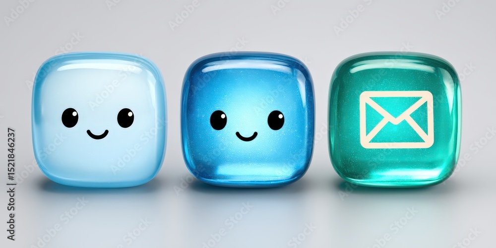 Poster playful smiling character icons represented as colorful gel-like cubes with cheerful expressions and
