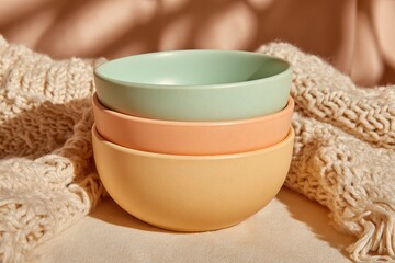 Stacked ceramic bowls with soft pastel colors, creating a cozy and inviting atmosphere, perfect for a calming autumn or spring inspired imagery.