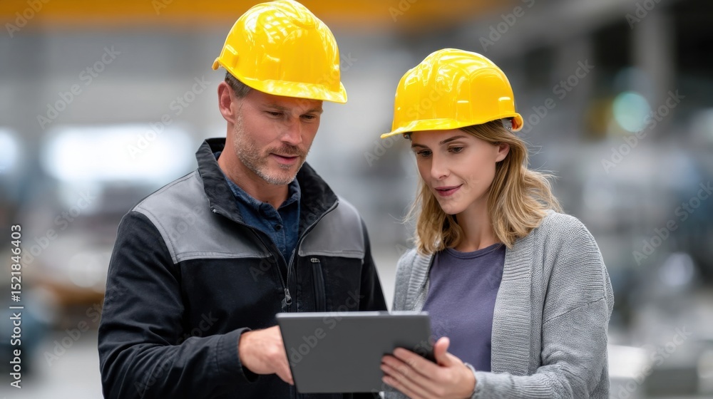 Poster Two Engineers Reviewing Data on a Tablet in a Factory, Illustrating Collaboration and Industrial Progress for Business Development and Manufacturing : Generative AI