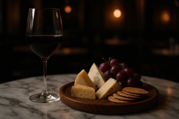 A glass of red wine with gourmet cheese, grapes, and crackers on a marble table in an elegant, dimly lit setting.