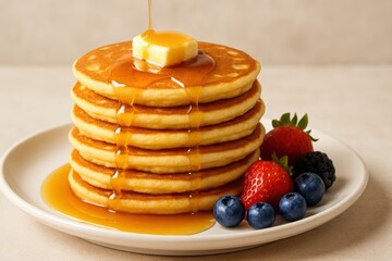 Mouthwatering pancakes topped with butter, maple syrup, and fresh berries for a tempting breakfast scene