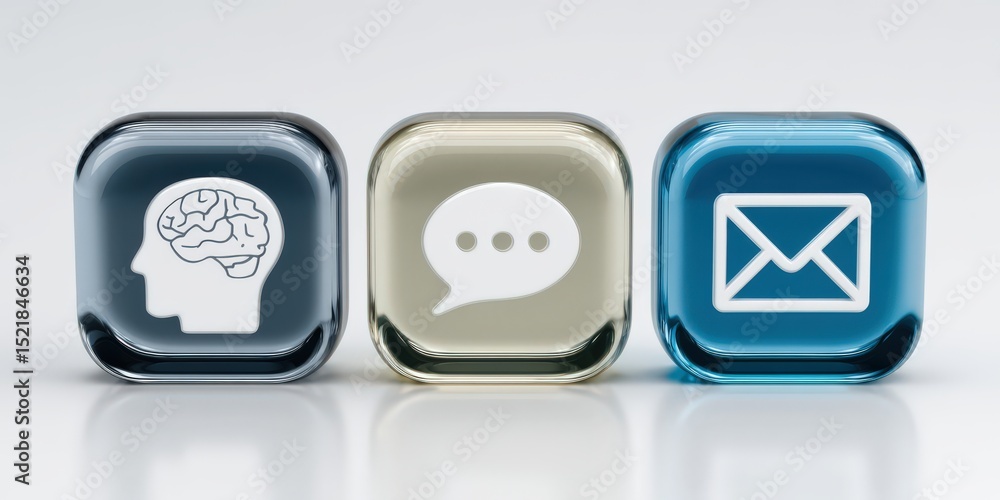 Poster digital communication icons representing cognitive processes, social interaction elements, and email
