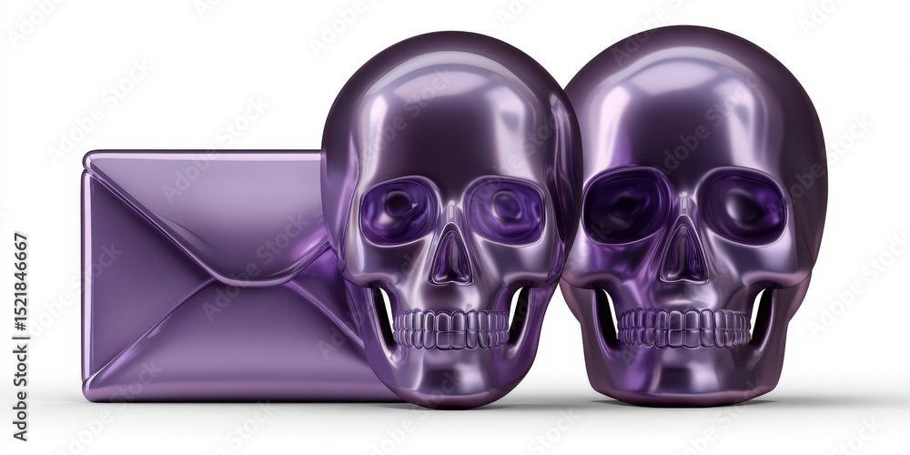 Poster two glossy purple skulls positioned beside a shiny envelope creating an intriguing visual narrative 