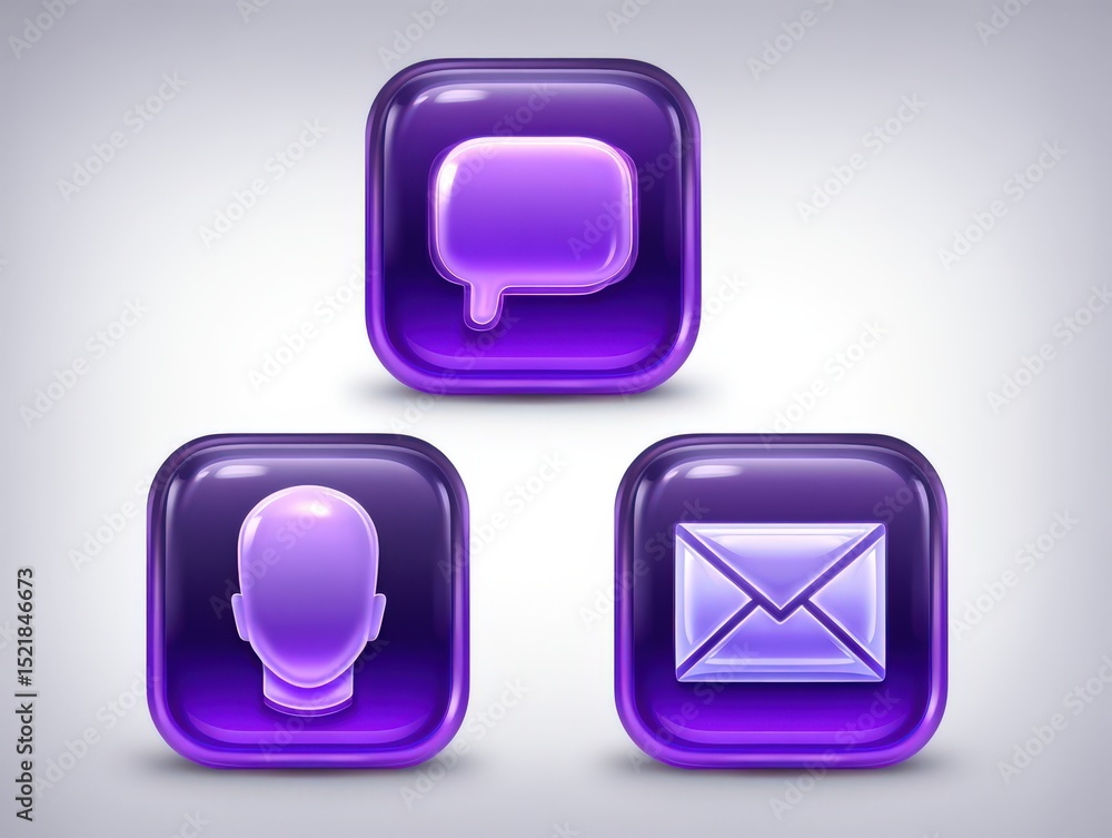 Poster stylish communication icons showcasing a chat message, user profile, and email symbol in vibrant pur