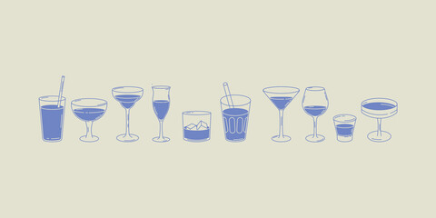 Collection of various cocktail and drink glasses filled with blue beverages. Minimal hand-drawn style, perfect for bar menus, drink guides, posters, and mixology designs.