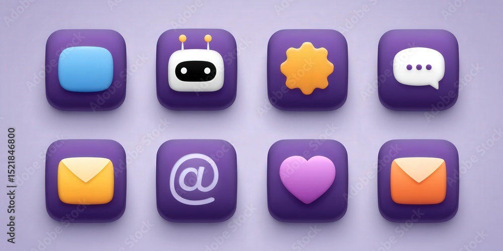 Poster colorful app icons set on a soft purple background showcasing modern digital communication technolog