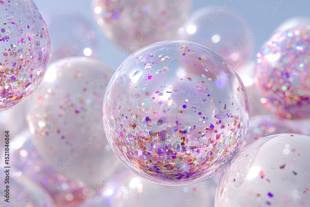 Poster close-up of translucent balloons filled with colorful confetti, creating a festive and joyful atmosp