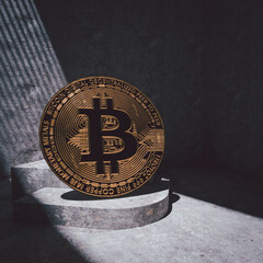 3D Bitcoin coin rests on concrete steps, dramatically lit by a shaft of light, creating stark shadows in a minimalist setting.