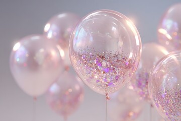 A festive and elegant arrangement of pink and clear balloons filled with glitter, perfect for birthday celebrations, parties, and special occasions, adding a touch of sparkle.