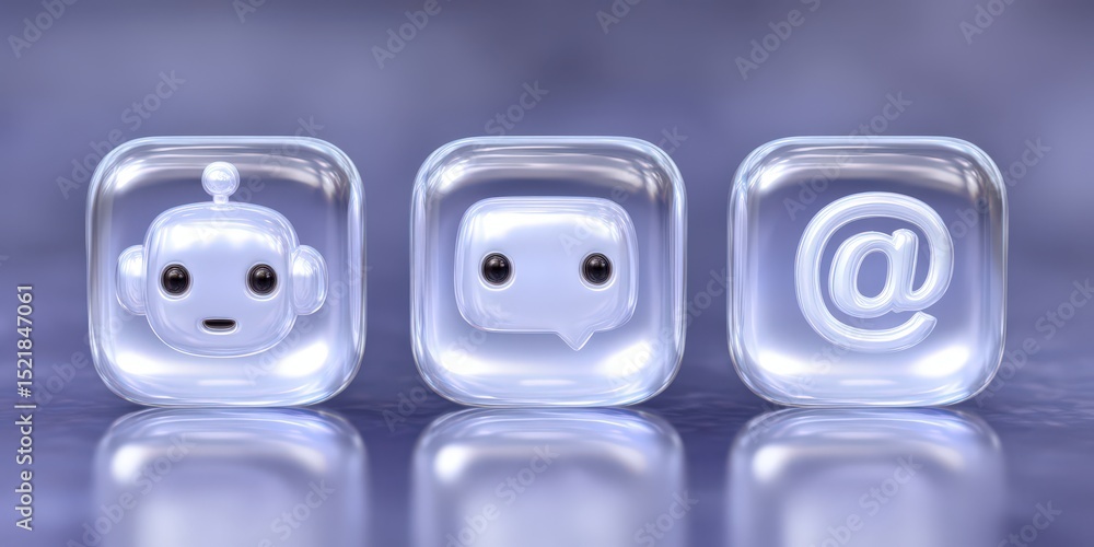 Poster engaging digital communication symbols featuring a friendly chatbot face, speech bubble, and email i