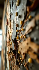 close up of a wall with vines on it