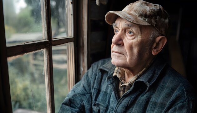 Elderly man looking out a window, pensive expression.