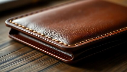 brown wallet sitting on top of a wooden table