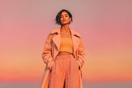 Stylish woman posing in trendy peach outfit against a gradient pink sunset backdrop, fashion-forward and captivating with confident gaze and modern elegance.