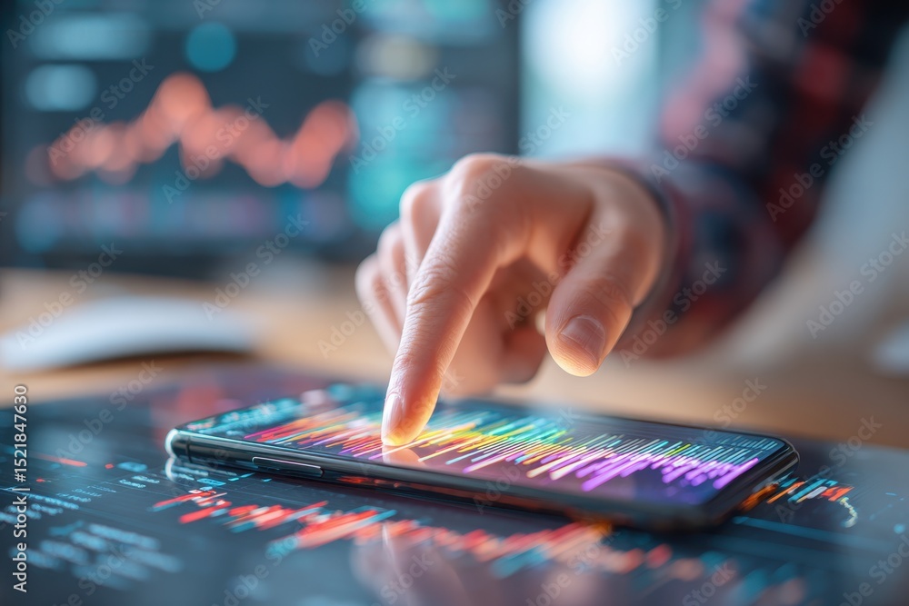Poster close-up of a person using a smartphone to analyze financial data and stock market trends, while mon
