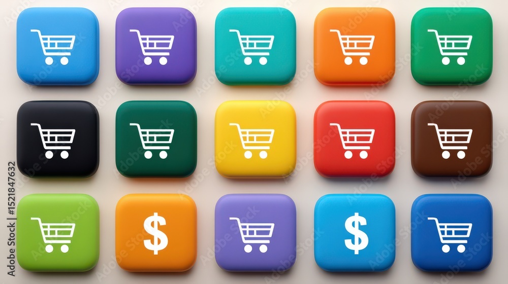 Aufkleber colorful array of shopping cart icons on vibrant buttons representing online purchasing trends and e
