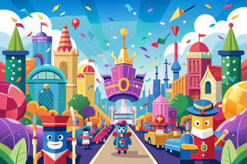 Obraz premium Envision a colorful cartoon illustration of a fantasy fairy tale village with whimsical towers, churches, and houses nestled around a grand castle