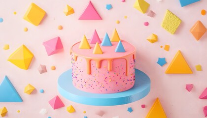 Festive cake with colorful geometric shapes.