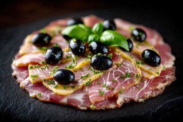 Gourmet charcuterie platter featuring fresh olives prosciutto and herbs arranged artfully on a rustic slate board captured with vibrant colors and exquisite detail showcasing culinary