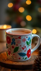 cup of coffee sitting on top of a wooden table