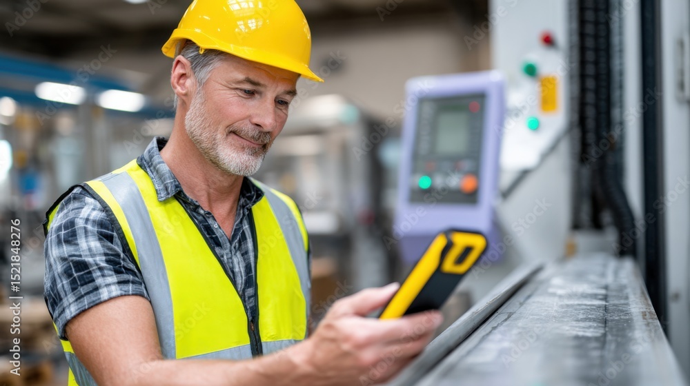 Poster factory worker in hard hat using smartphone, representing industrial innovation and workplace commun