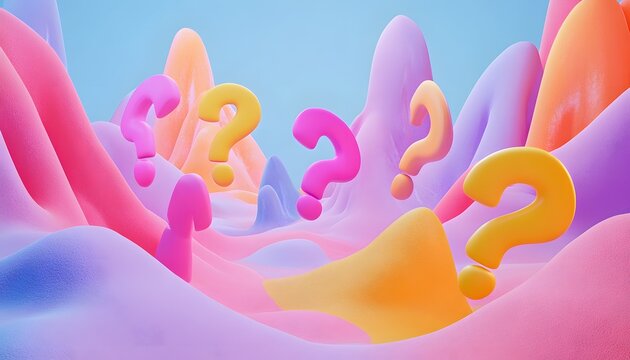 Question marks scattered across a landscape of colorful, abstract shapes.