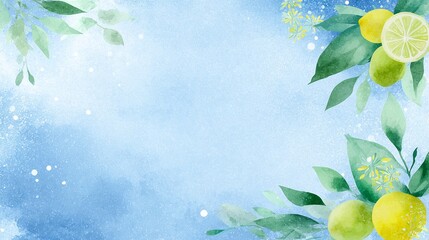 Watercolor lemon and leaves background with blue gradient texture.
