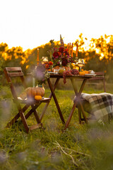 Hello autumn copy space mock up. Garden romantic party outside with wine, cheese, fruits. Field or meadow, family event, cozy atmosphere, fall vibes. Wooden furniture, pumpkin with flowers centrepiece