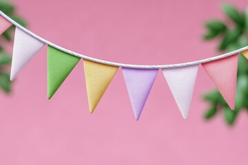 Fototapeta premium Colorful fabric bunting flags hanging against a soft pink backdrop evoke a festive atmosphere perfect for celebrations or parties enhancing joyful moments and cheerful ambiance