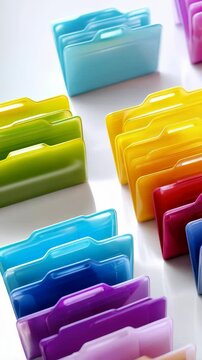 Rows of colorful document folders arranged on a bright white surface with various shades of blue, green, yellow, red, and purple colors.