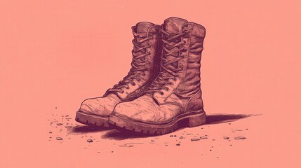 A pair of rugged boots illustrated on a pink background, with detailed textures and scattered pebbles around.