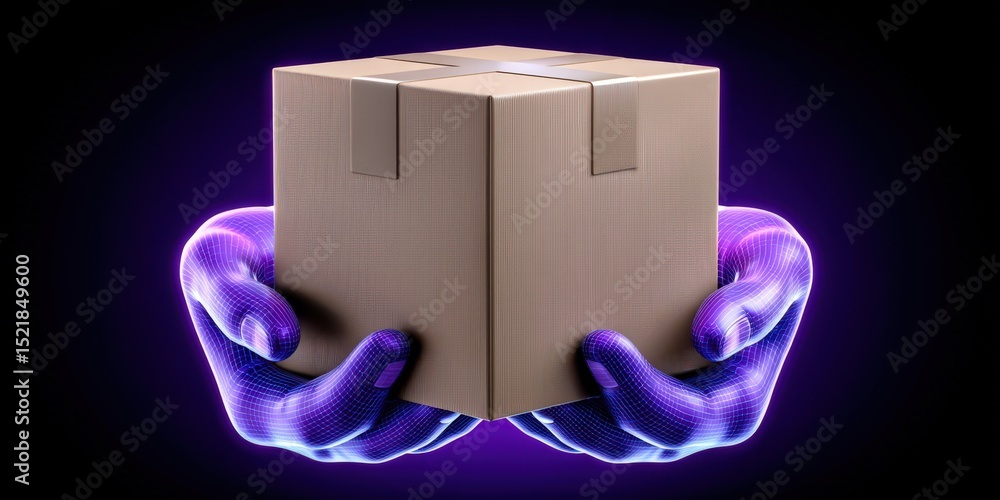 Poster hands delivering a virtual package representing digital commerce with high-tech glowing features hig