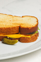 Grilled cheese sandwich with pickle on a white plate