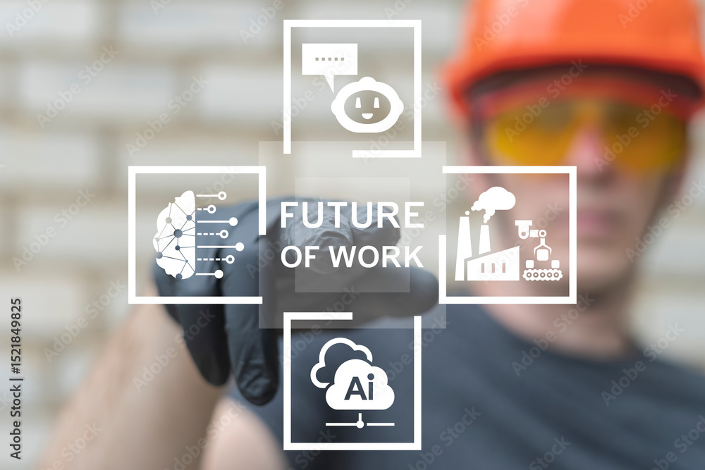 Poster future of work futuristic industry job concept. the future of work is evolving rapidly. industrial w