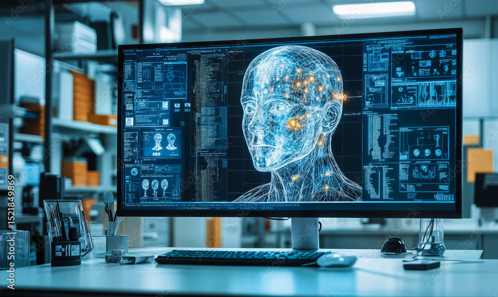 Poster advanced artificial intelligence human head wireframe visualization on widescreen computer monitor f