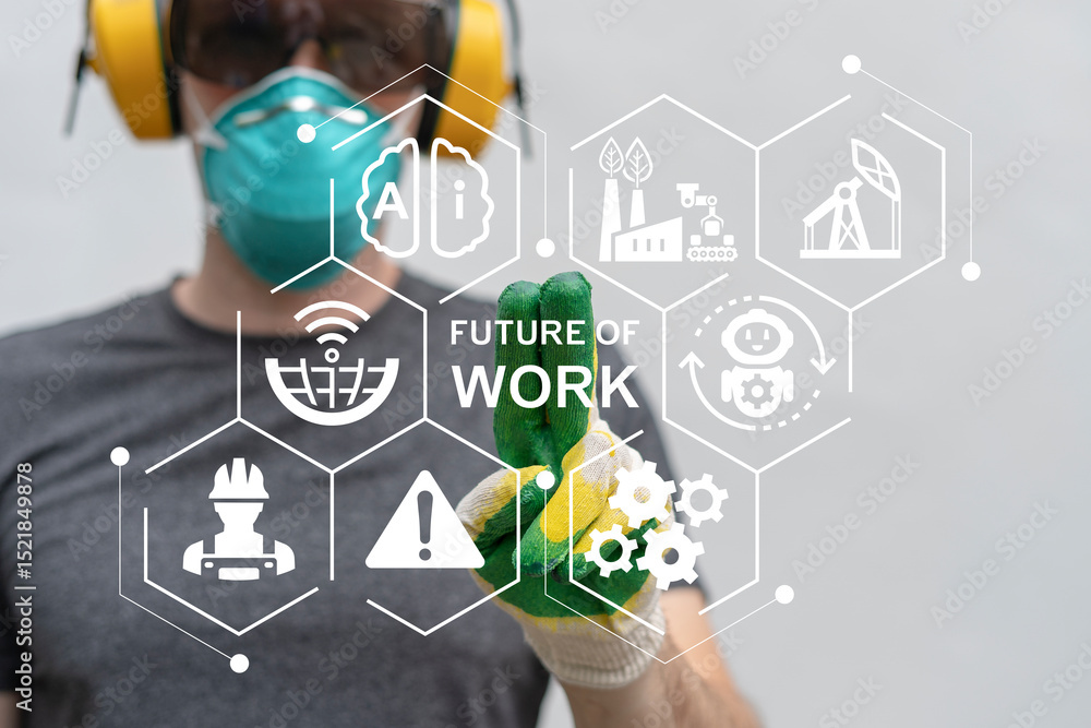 Poster engineer using virtual touch screen push text: future of work. future of work futuristic industry jo