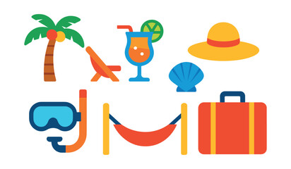 Fototapeta premium Flat vector icons of tropical vacation: palm tree, beach chair, cocktail, sun hat, snorkel mask, seashell, hammock, suitcase.