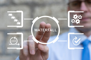 Waterfall Business Model. Concept of waterfall methodology, software product development,...