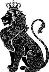 Fototapeta premium king Lion with intricate floral patterns Silhouette – Black and White Fairy Tale Style Crowned King of the Jungle with Ornamental Pattern on White Background – Vintage Animal Illustration for Fantasy