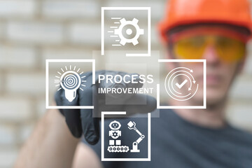 Engineer using virtual touch screen push inscription: PROCESS IMPROVEMENT. Continuous Process Improvement Automation Modern Industry Technology Concept.